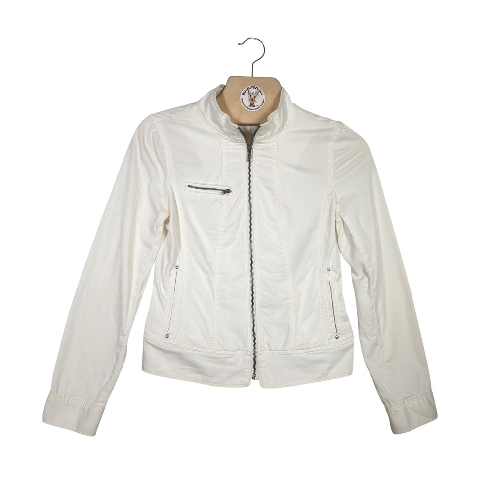 Express Womens White Cotton Blend Full Zip Mock Neck Moto Jacket Size 4